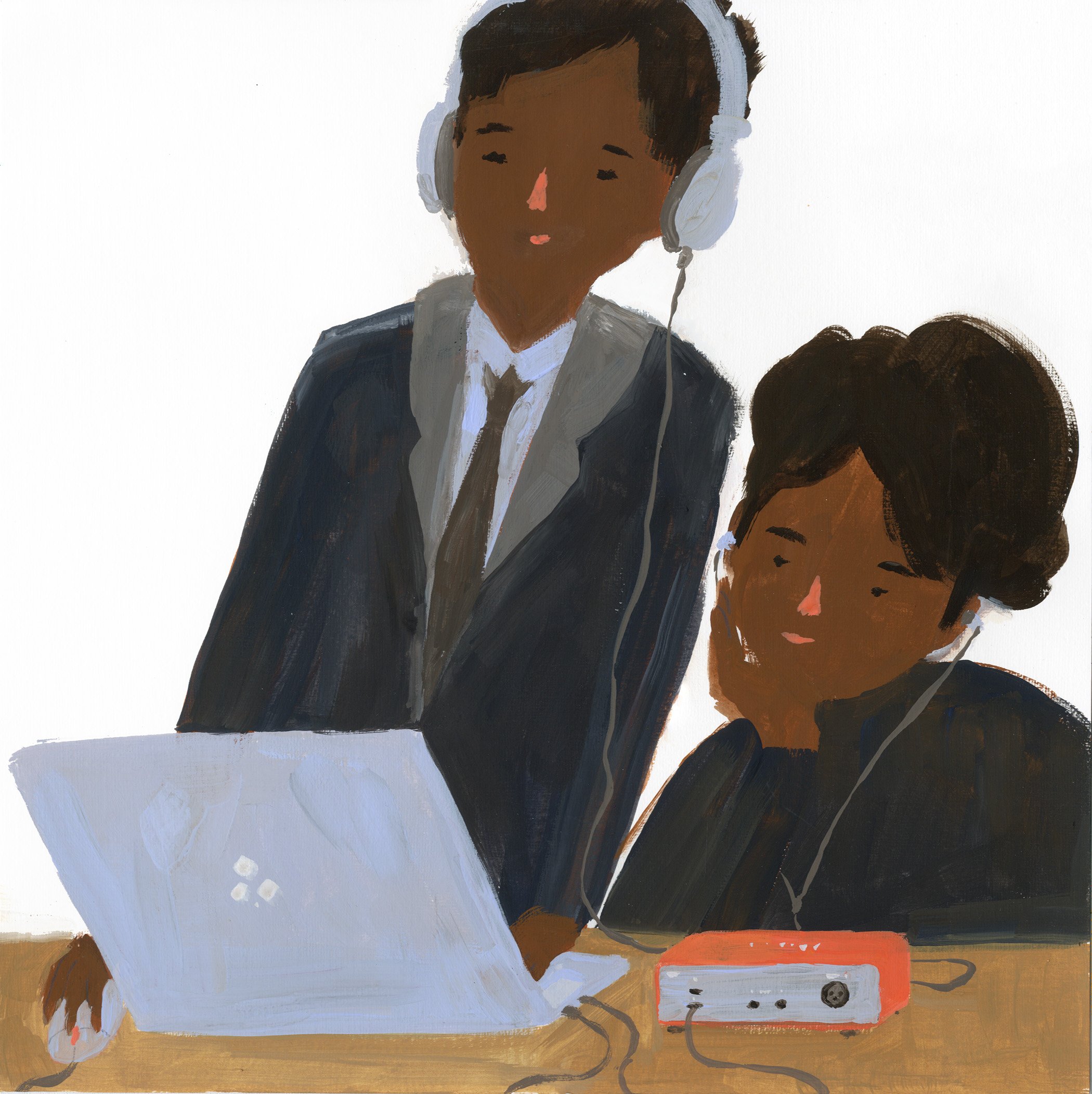 A painting of a young boy with dark hair wearing large white headphones and a dark jacket. The background is white, and there is a mobile device with a red case below him.