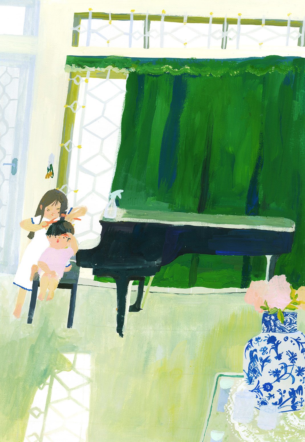 Painterly illustration of a young girl giving a haircut to her little brother next to a baby grand piano.