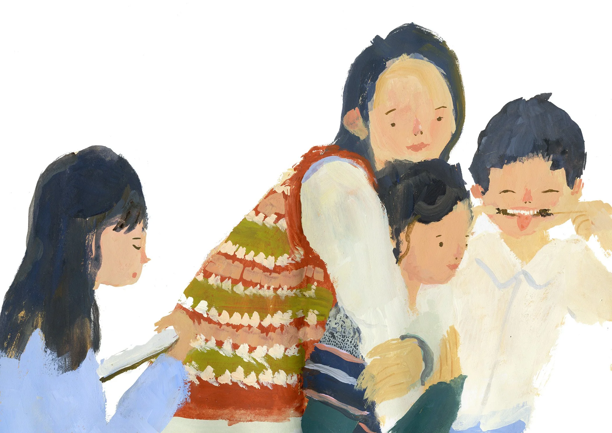 A watercolor painting of four children in colorful clothing, sitting and smiling.