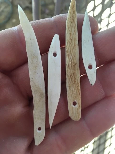A hand holding five small, elongated, bone or ivory objects with holes near one end, possibly fish vertebrae or similar natural materials.