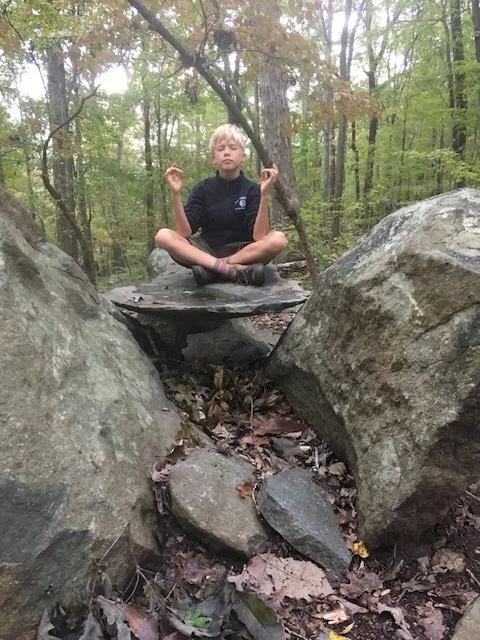 A person with blonde hair sits cross-legged on a large flat rock in a forest, eyes closed, with a peaceful expression, surrounded by tall trees and large rocks.