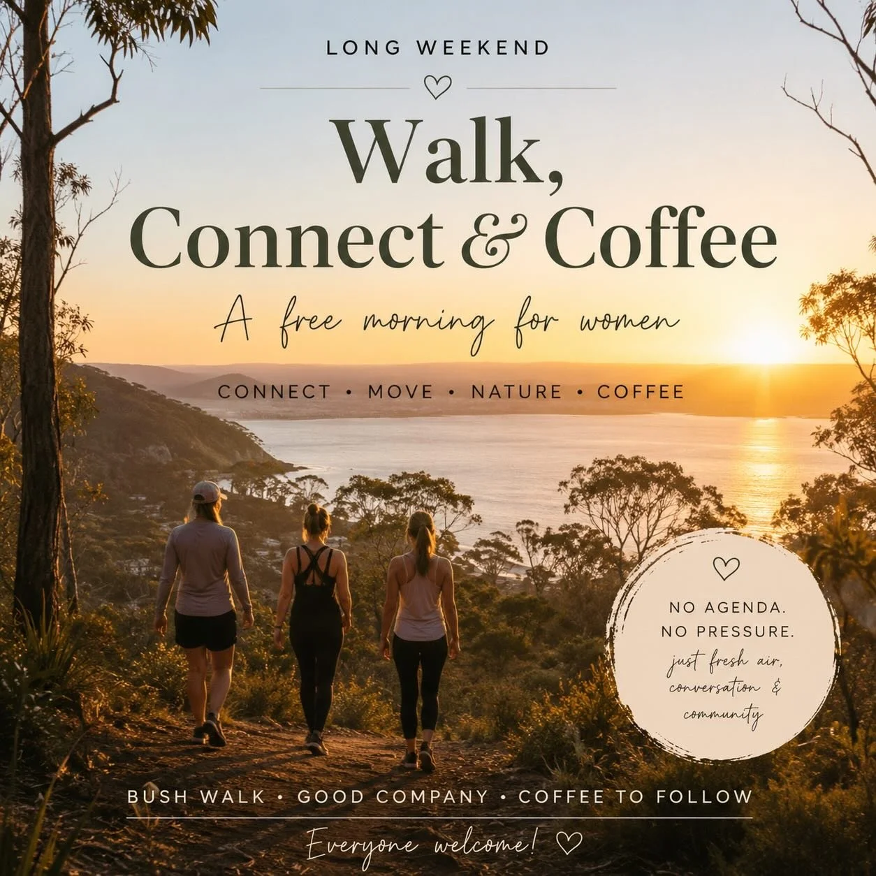 ☀️ Walk, Connect &amp; Coffee ☀️

In a world where we&rsquo;re more connected online than ever, sometimes what we really need is to put the phone down, get into nature and connect with other women in real life.

A relaxed sunrise walk from Bateau Bay