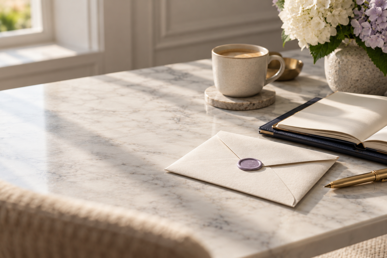 A sealed cream envelope with a lavender wax seal on a marble desk beside coffee, a notebook and hydrangeas