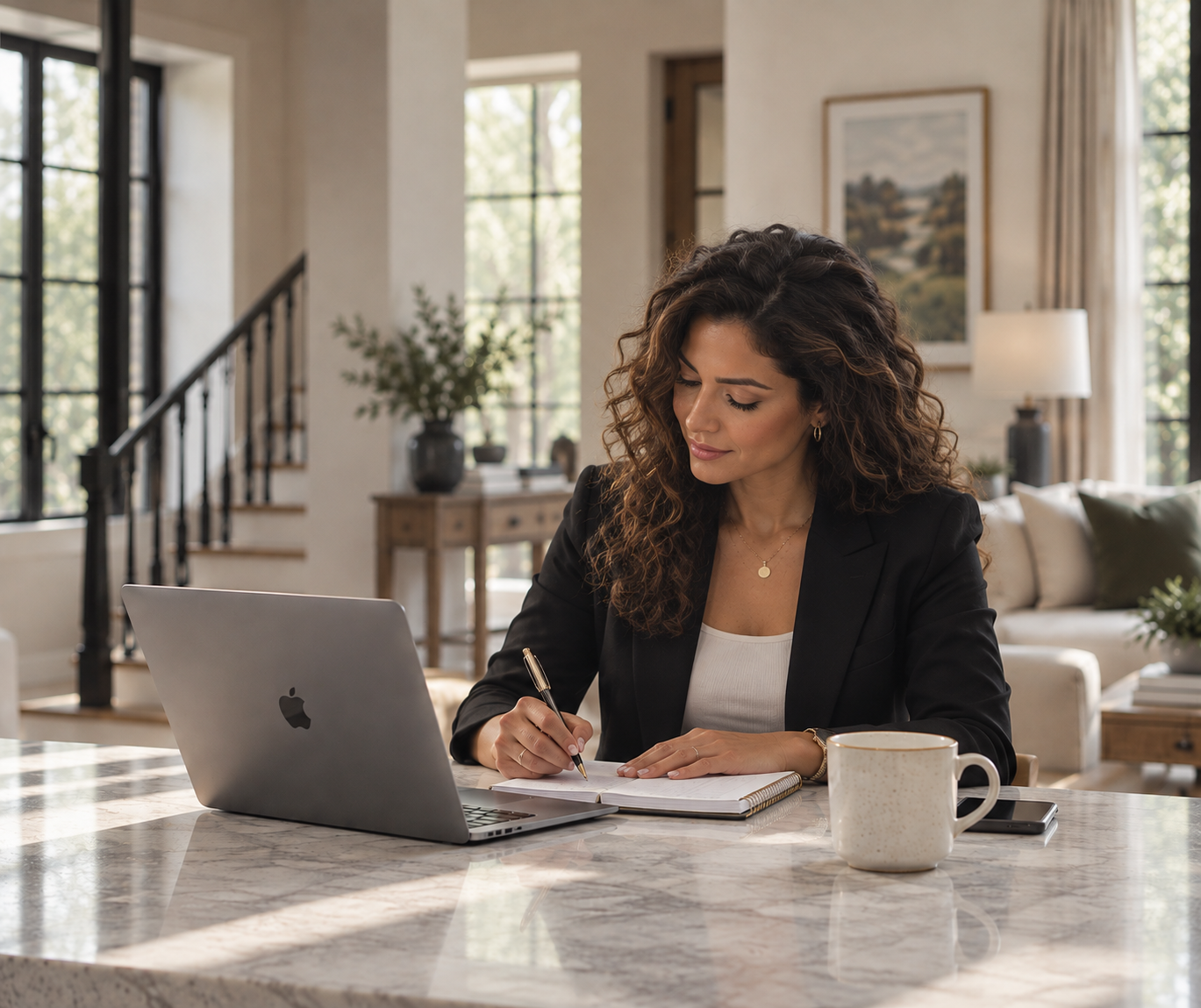 A woman planning a hire at her desk at home