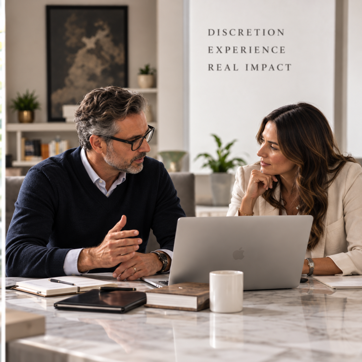 A man and woman having a serious discussion in an office or conference room, with a laptop and notebooks on the table, and a sign in the background that reads 'Discretion Experience Real Impact'.