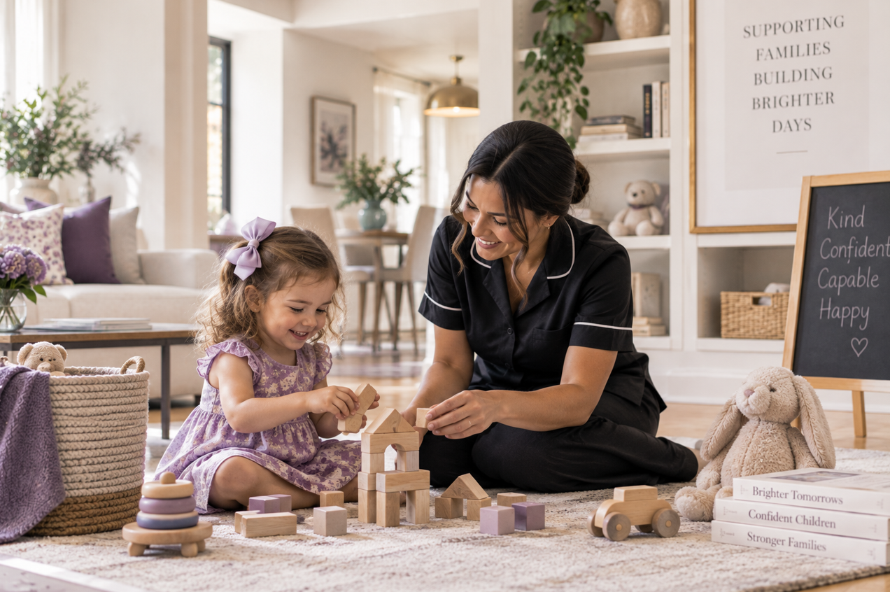 A woman and a young girl playing with wooden blocks on a carpet in a cozy, well-lit living room. The girl is wearing a purple dress with a bow in her hair, and the woman is wearing dark pajamas. There are stuffed animals, books, and decorative elements like plants and a chalkboard with words written on it in the background.