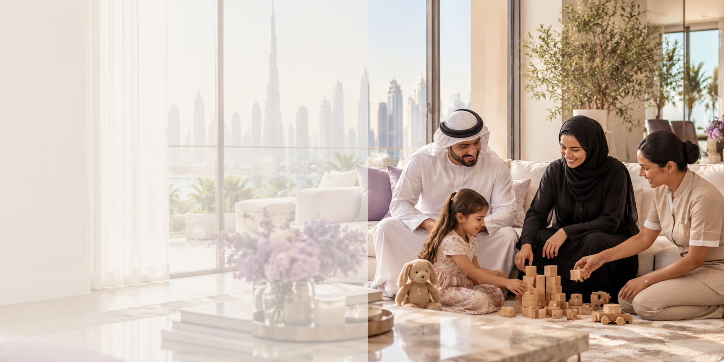 A family in Dubai at home with their household staff