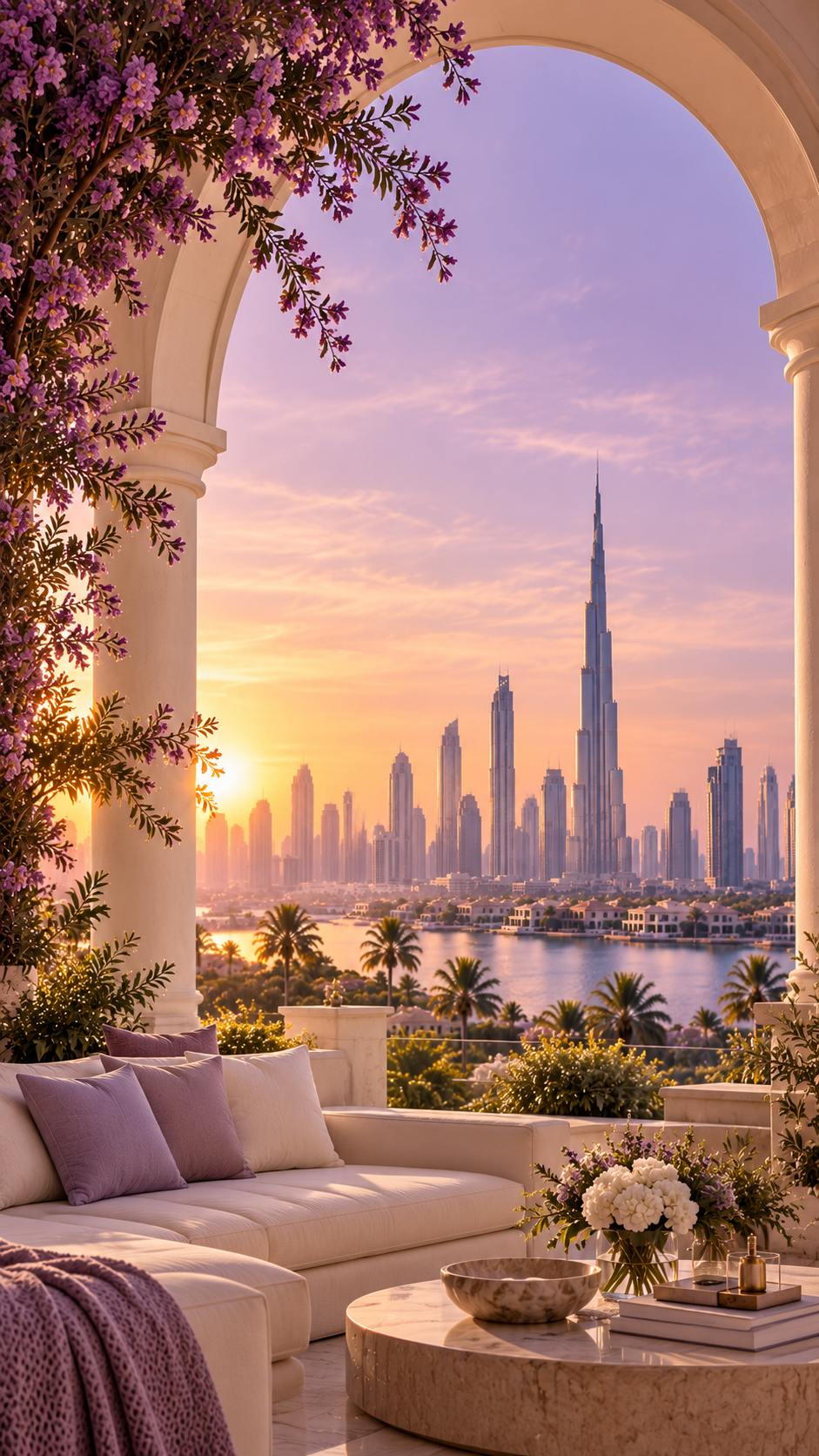 A terrace overlooking the Dubai skyline at sunset
