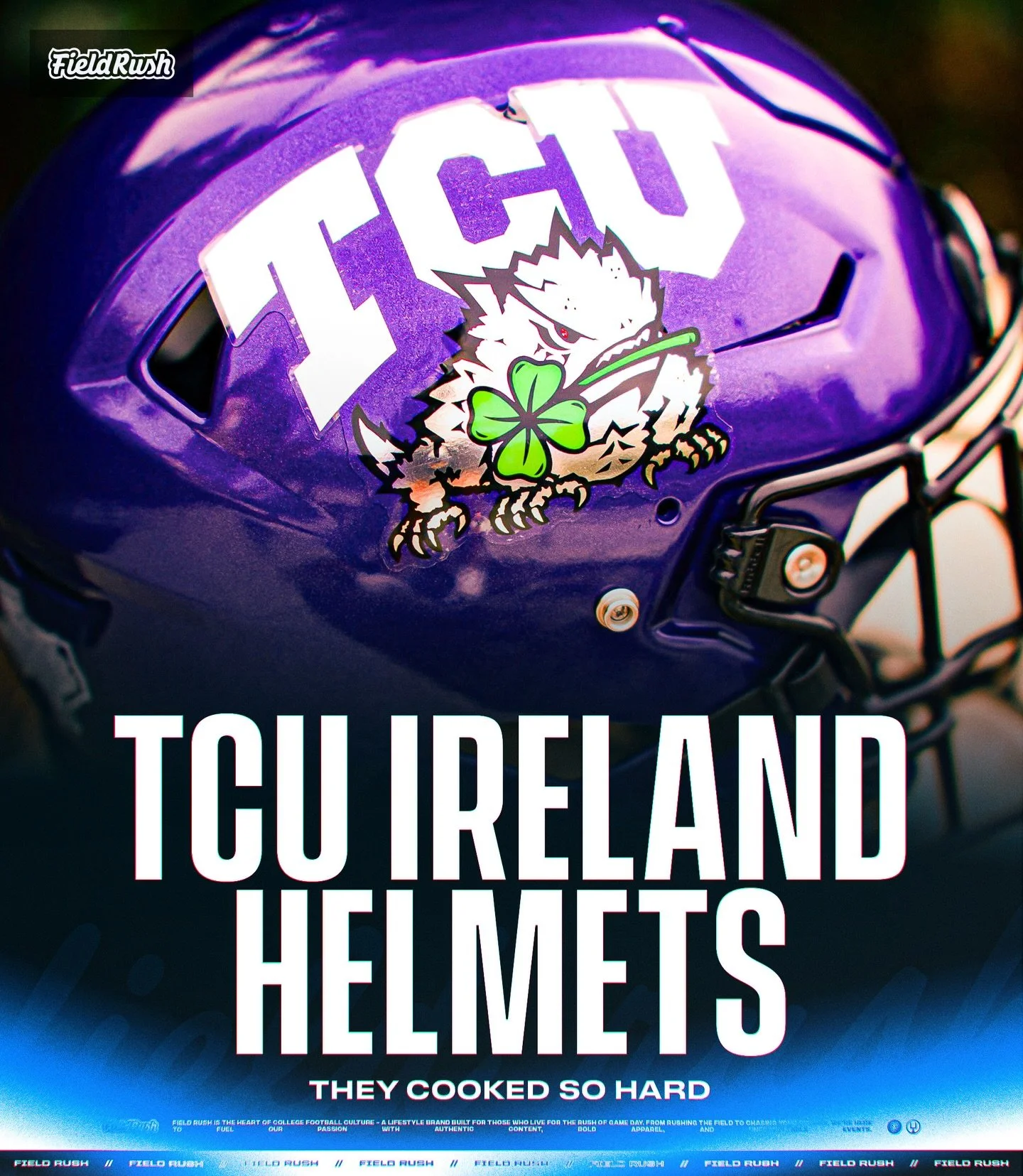 TCU Horned Frogs just dropped helmets for their game in Ireland 🍀

These helmets were worn with a rose for the Rose Bowl back in 2011, and it&rsquo;s so cool to see them make a comeback in a completely new way 🔥