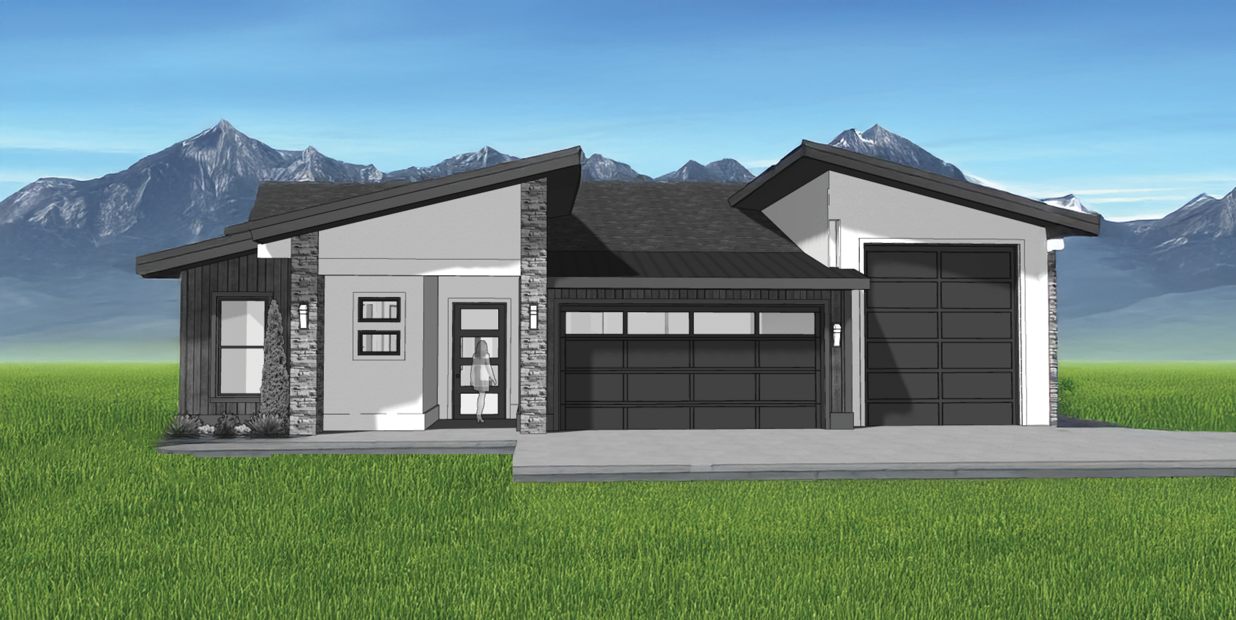 A modern house with geometric design elements, gray and white exterior, stone accents, and two garage doors, set on a green lawn with mountains in the background.
