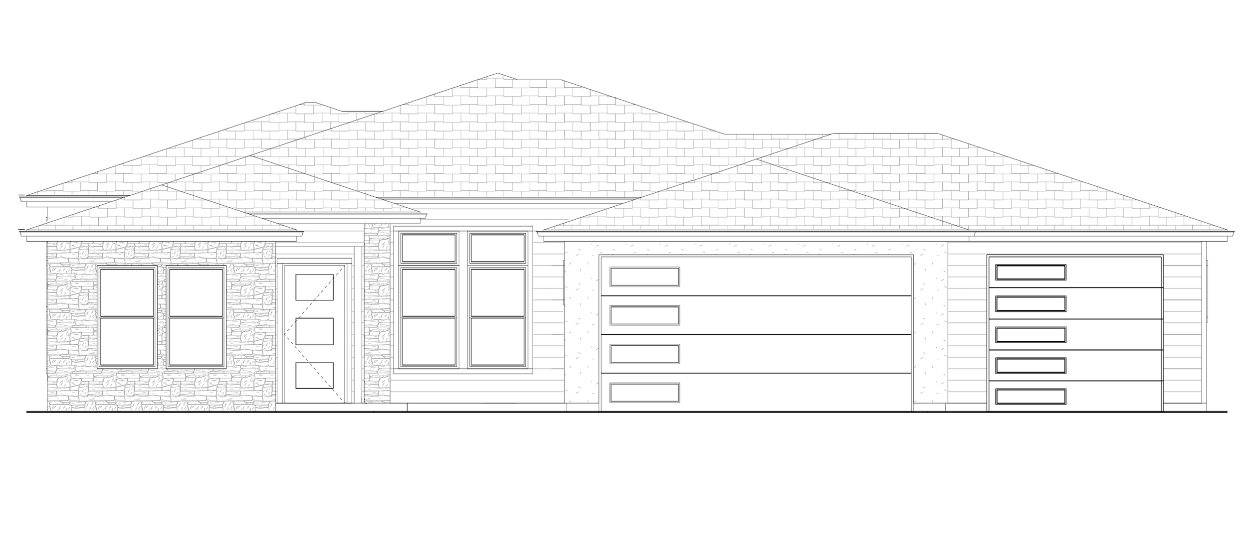 Line drawing of a modern single-story house with a gabled roof, stone and siding exterior, front door, large windows, and two garage doors.