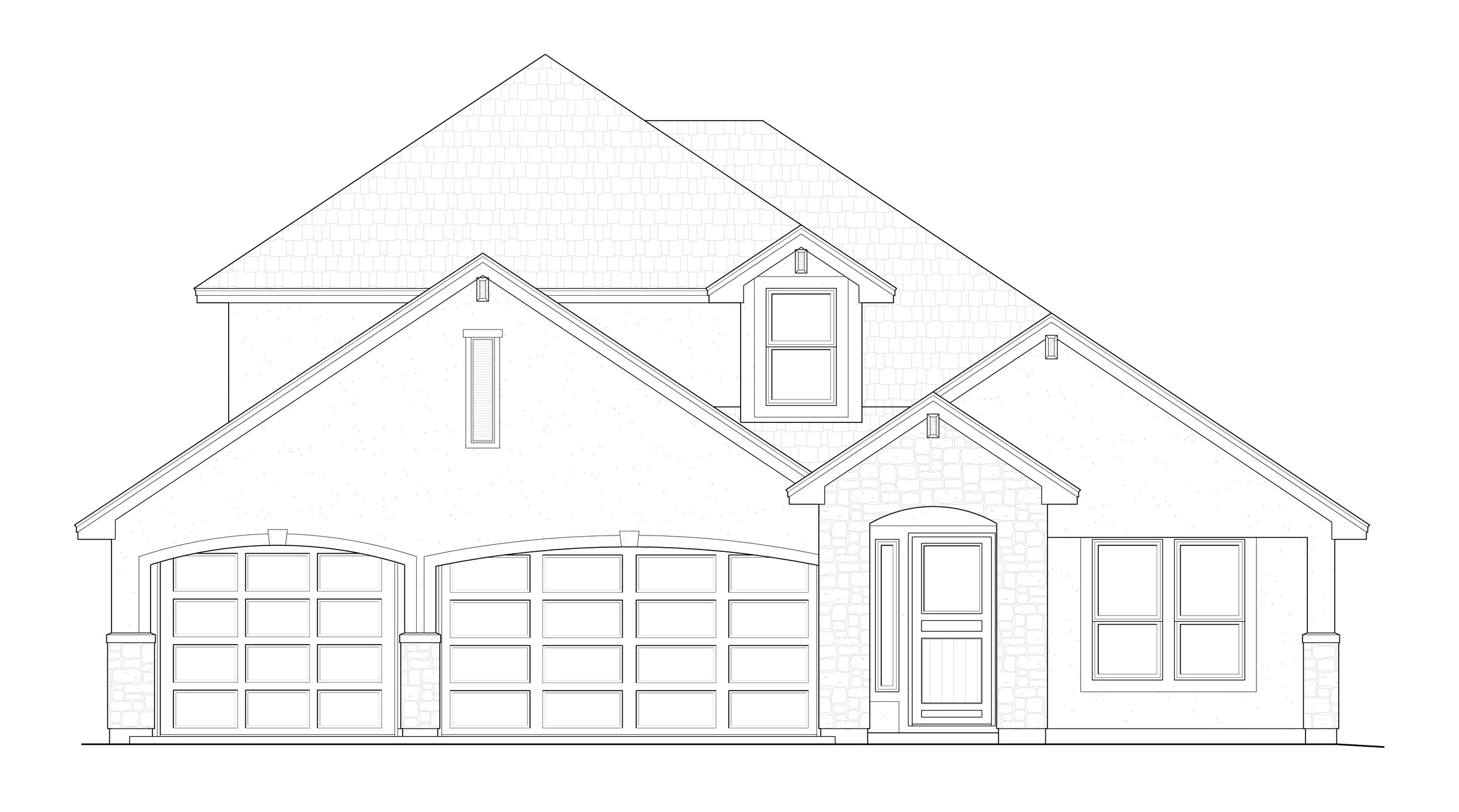 Line drawing of a two-story house with attached garage, front door, and multiple windows.
