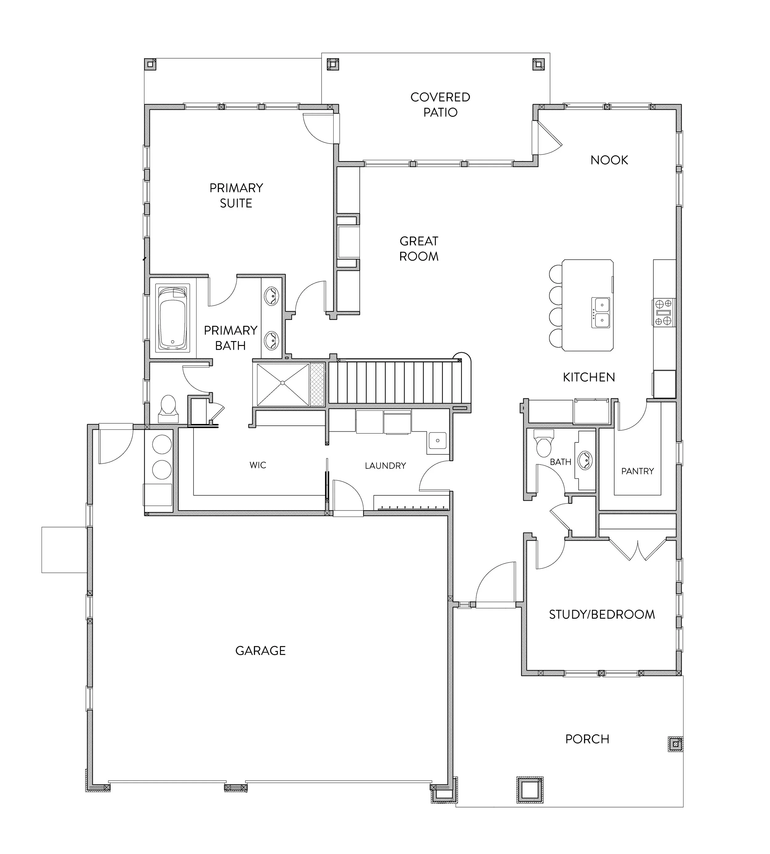 Floor plan of a house with labeled rooms including garage, porch, study/bedroom, pantry, bathroom, laundry, walk-in closet, primary suite with primary bath, great room, nook, kitchen, covered patio, and stairs.