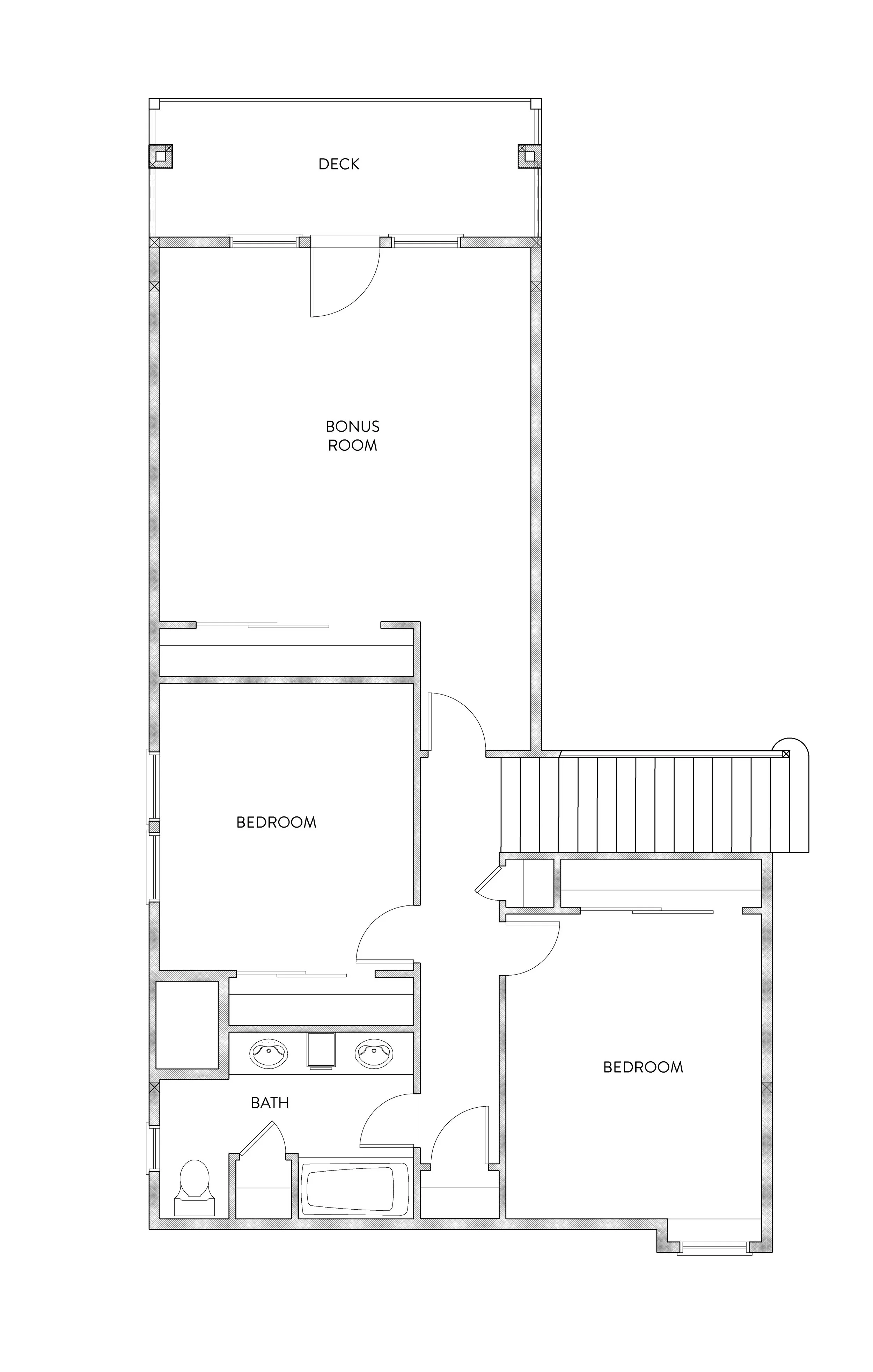 A detailed floor plan of a house, showing rooms labeled as deck, bonus room, bedroom, and bath, along with stairs and doorways.