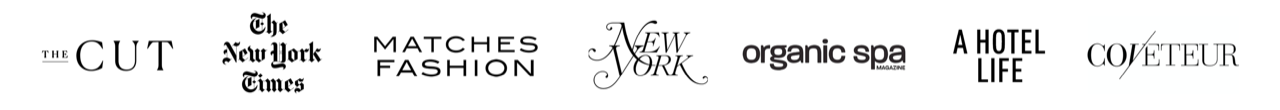 A row of various magazine and publication logos, including The Cut, The New York Times, Matches Fashion, New York, Organic Spa, A Hotel Life, and Coylyteur.