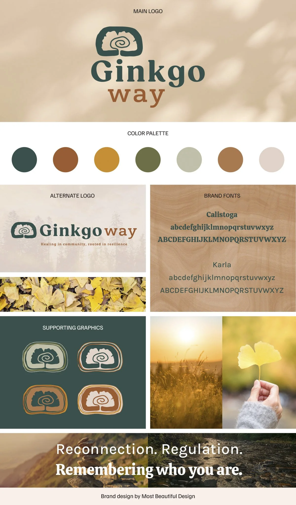 Visual identity system for Ginkgo Way including logo, color palette, typography, and supporting graphics for a therapy and coaching practice
