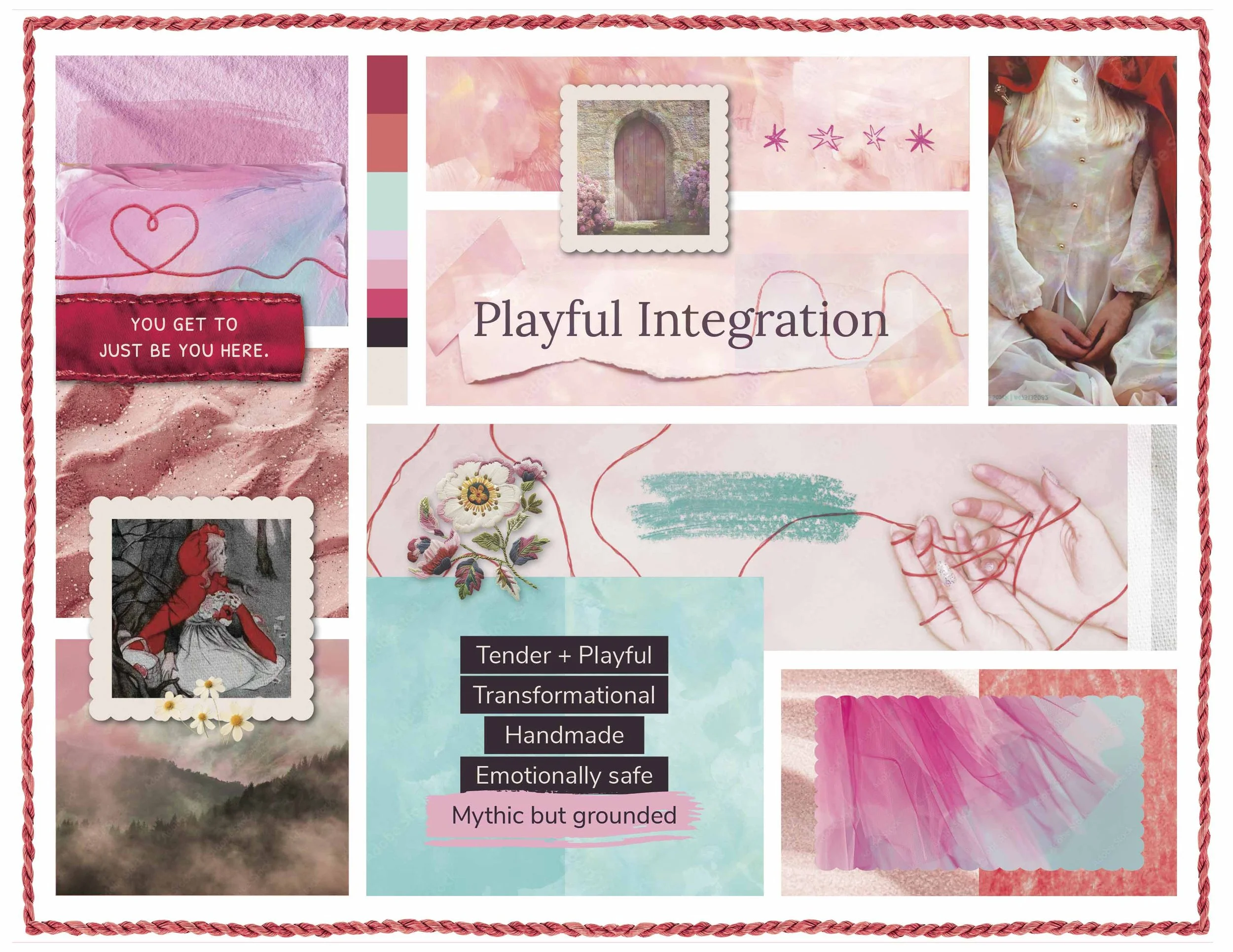 Brand mood board for Playful Integration play therapy practice featuring Little Red Riding Hood archetype, handmade textures, and painterly color