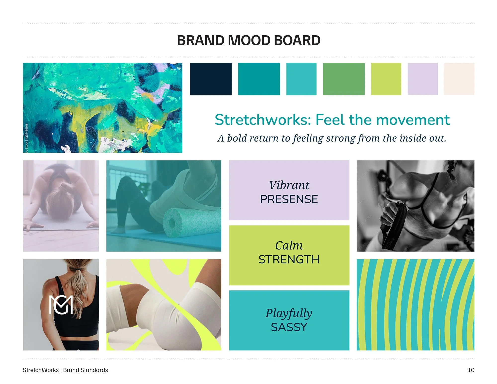 StretchWorks brand mood board featuring vibrant yet grounded colors, calm-strength imagery, and visual elements that reflect movement, confidence, and women’s functional fitness.