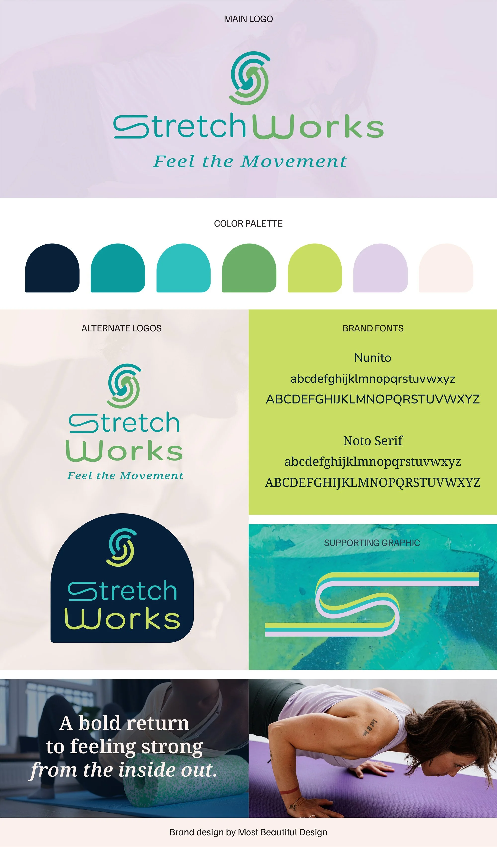 StretchWorks brand overview showcasing the logo, color palette, typography, and visual identity elements designed to express vibrant energy, calm strength, and supportive fitness for women 40+