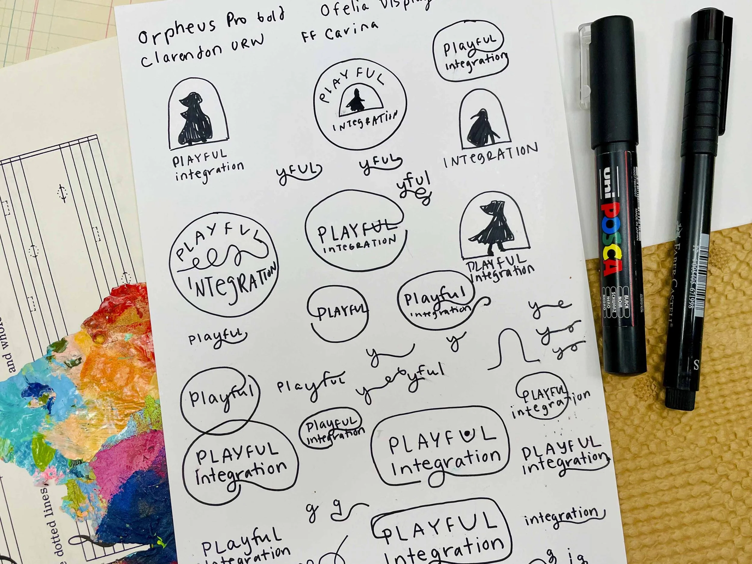 Hand-drawn logo sketches exploring red thread and threshold motifs for a play therapist brand