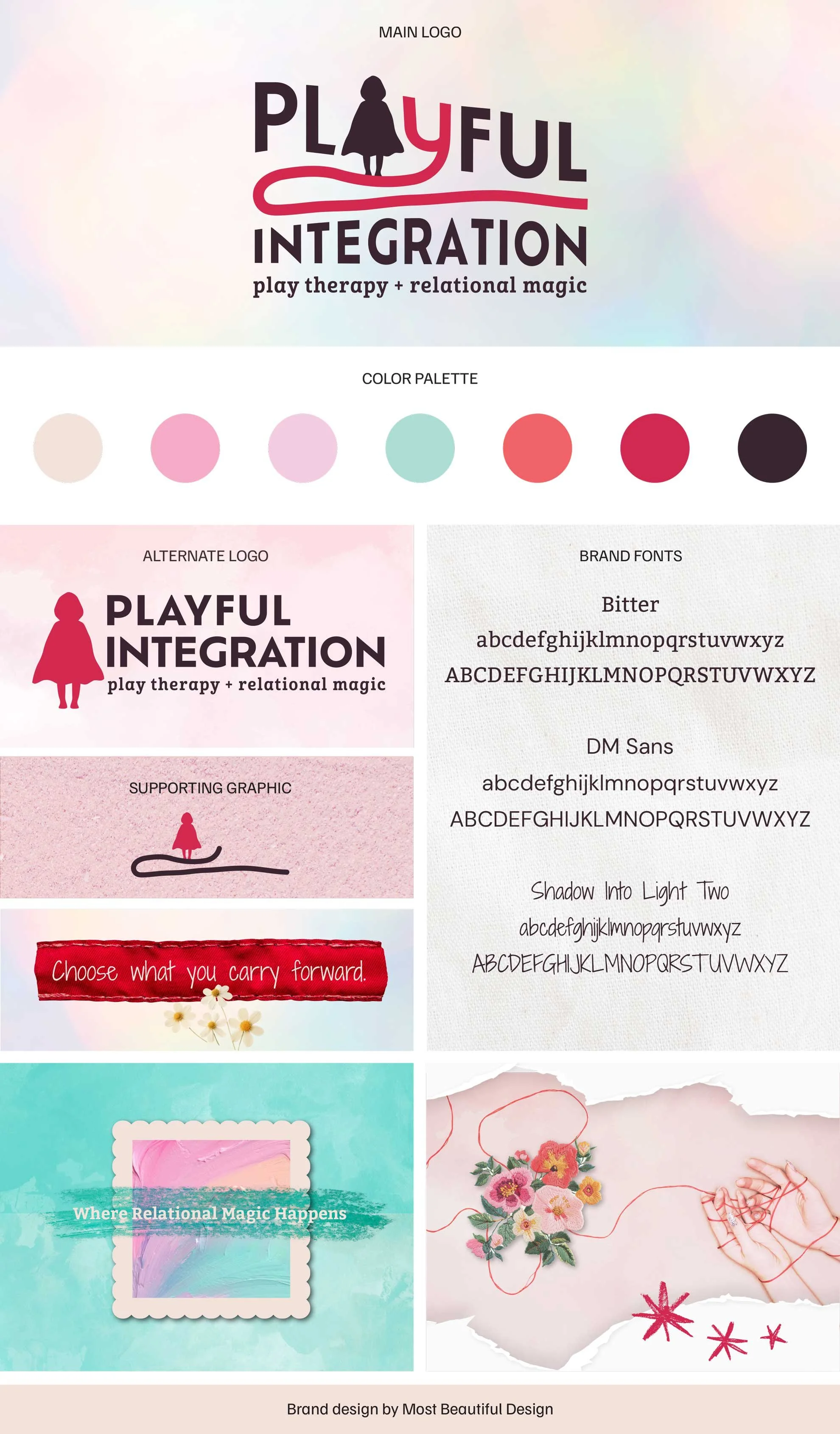 Visual identity system for Playful Integration including logo, color palette, typography, and supporting graphics for a play and sand therapy practice