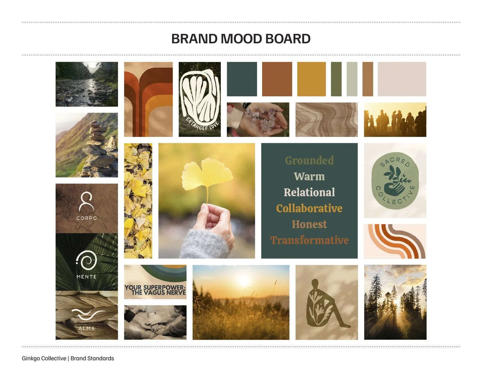 Brand mood board for Ginkgo Way therapy practice featuring mid-century modern inspiration, earthy tones, and natural textures