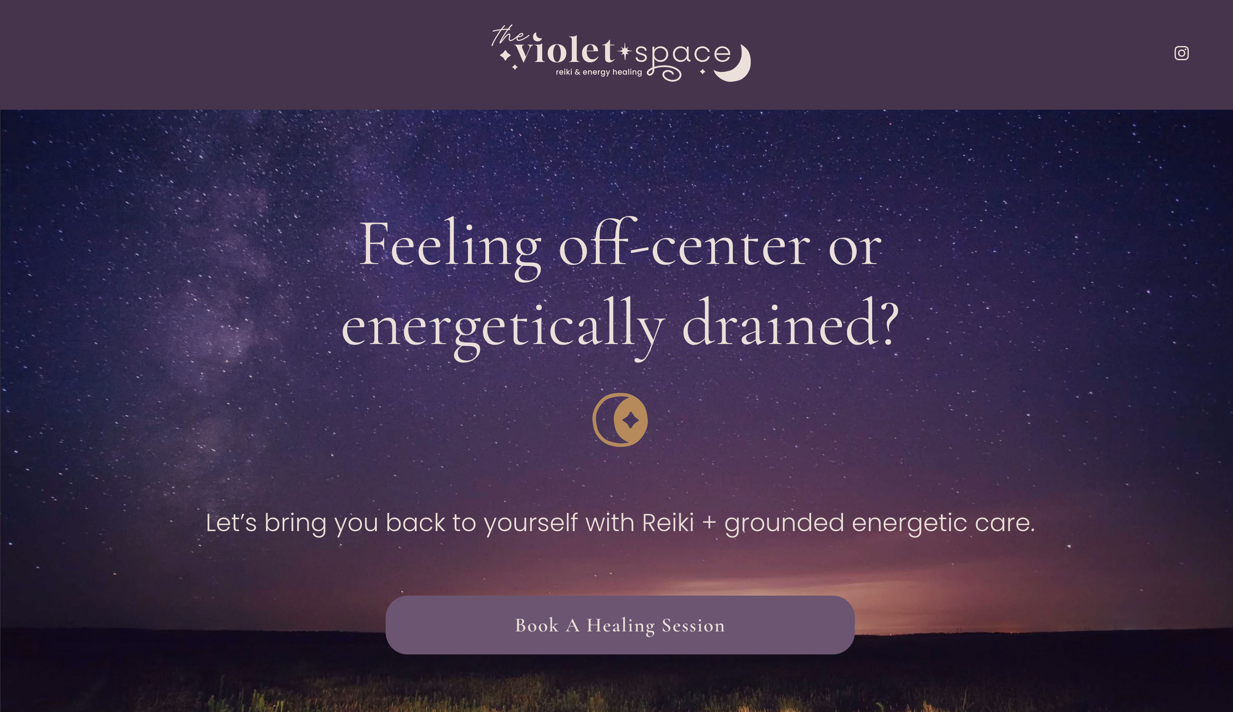 Homepage of The Violet Space, a calming Squarespace website for a Reiki and intuitive healing practitioner with celestial, purple-and-gold branding.
