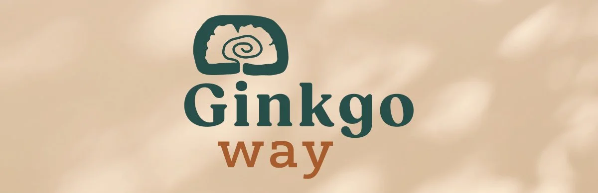 Brand identity design for Ginkgo Way, a trauma-informed therapy and coaching practice, featuring logo and neutral color palette