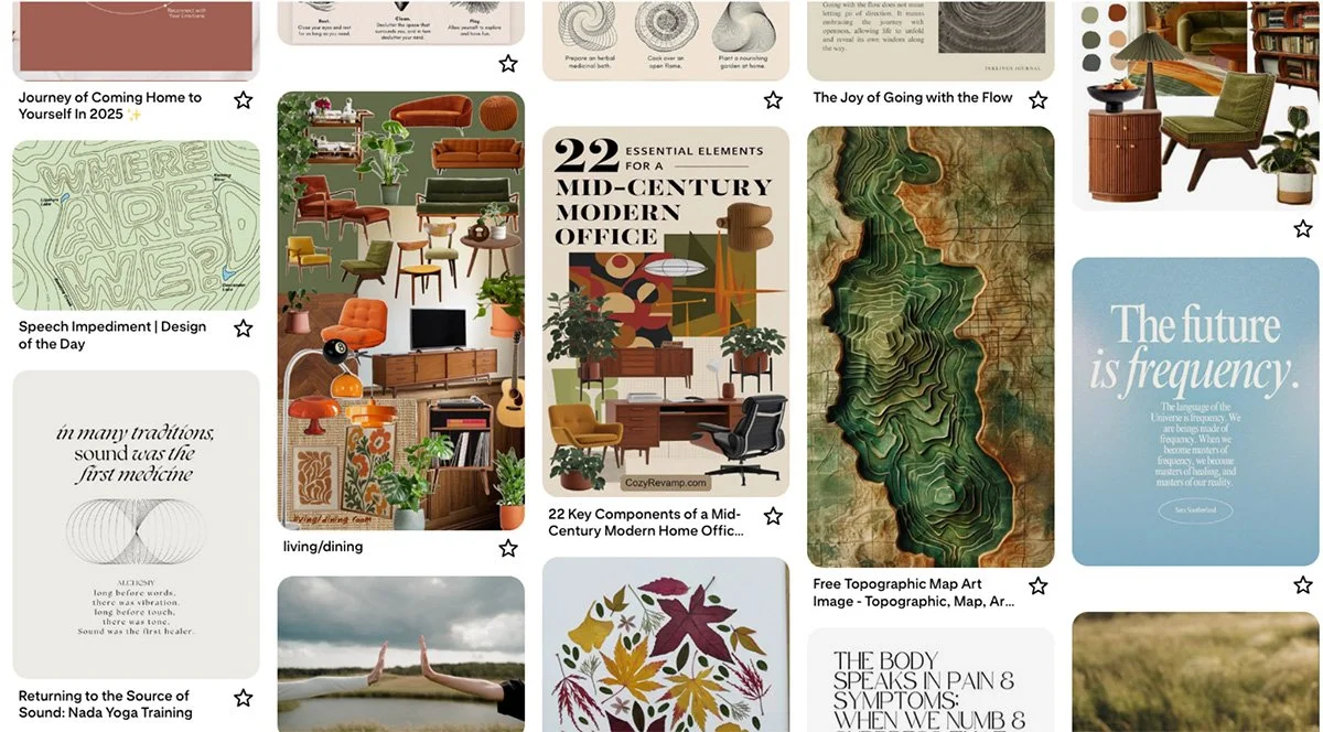 Pinterest board with mid-century modern interiors, earthy tones, and natural textures used as inspiration for Ginkgo Way therapy brand design