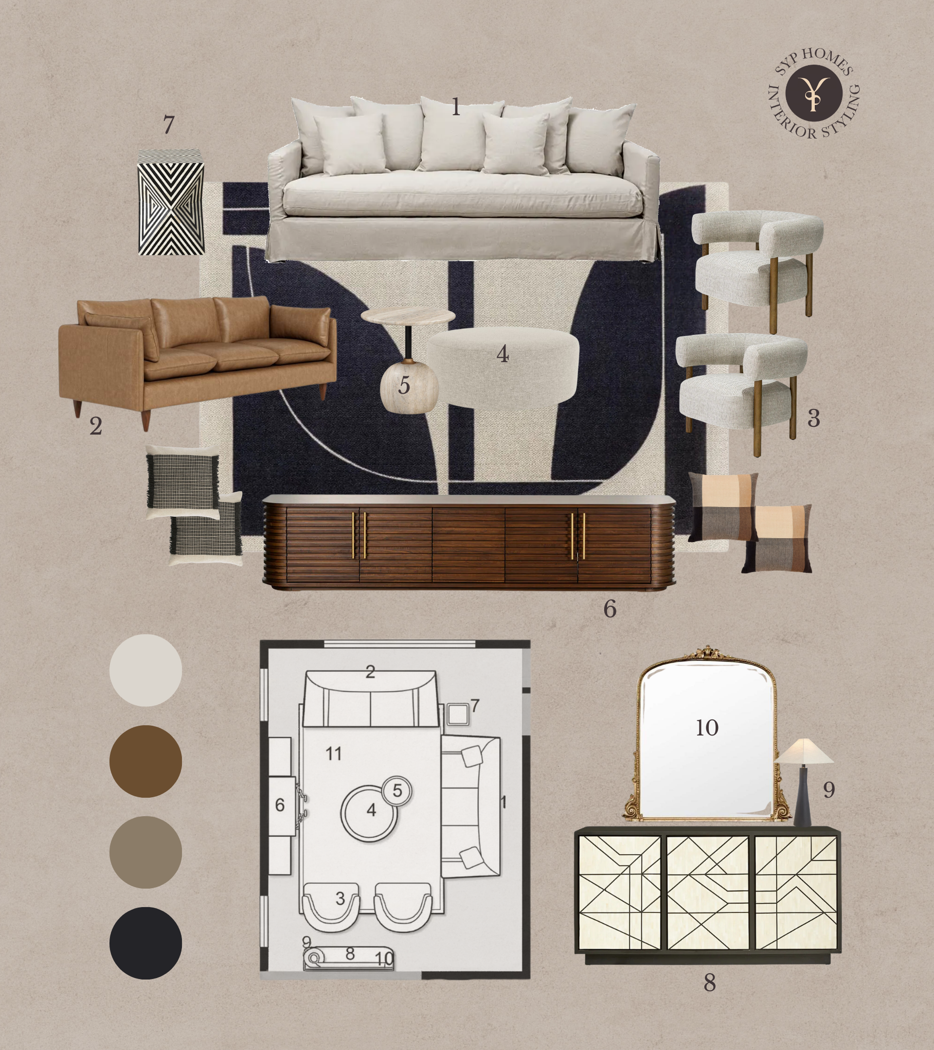 Interior styling moodboard featuring curated furniture, lighting, materials and colour palette — Curated Selection and Direction stage, Bespoke Interior Styling Sydney — SYP Homes