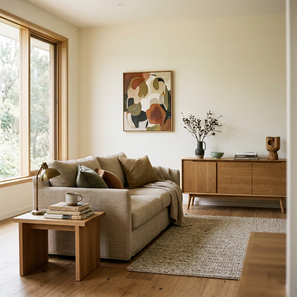 Calm living room with a beige sofa, oak sideboard and abstract artwork, reflecting a considered design direction