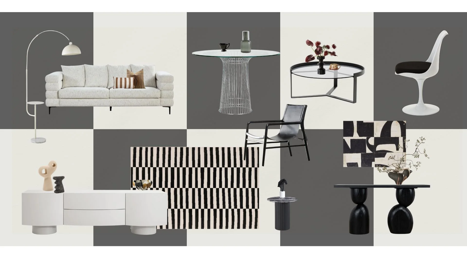 SYP Homes Modern Contrast Styling Collection moodboard — black, white and grey furniture selections