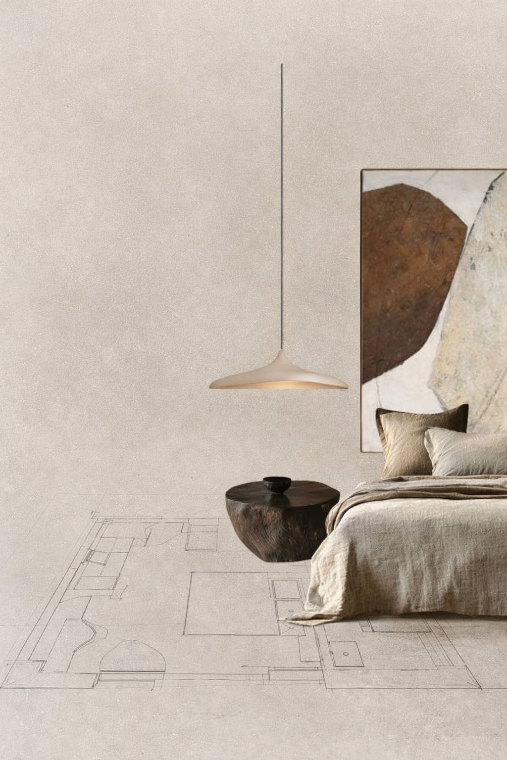 A bedroom design moodboard with floor plan overlay — interior styling strategy session, Sydney and beyond, SYP Homes