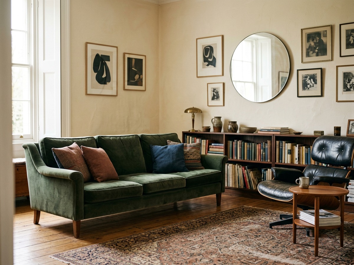 Living room with a green velvet sofa, gallery wall and full bookshelves, illustrating one of the seven Space DNA archetypes