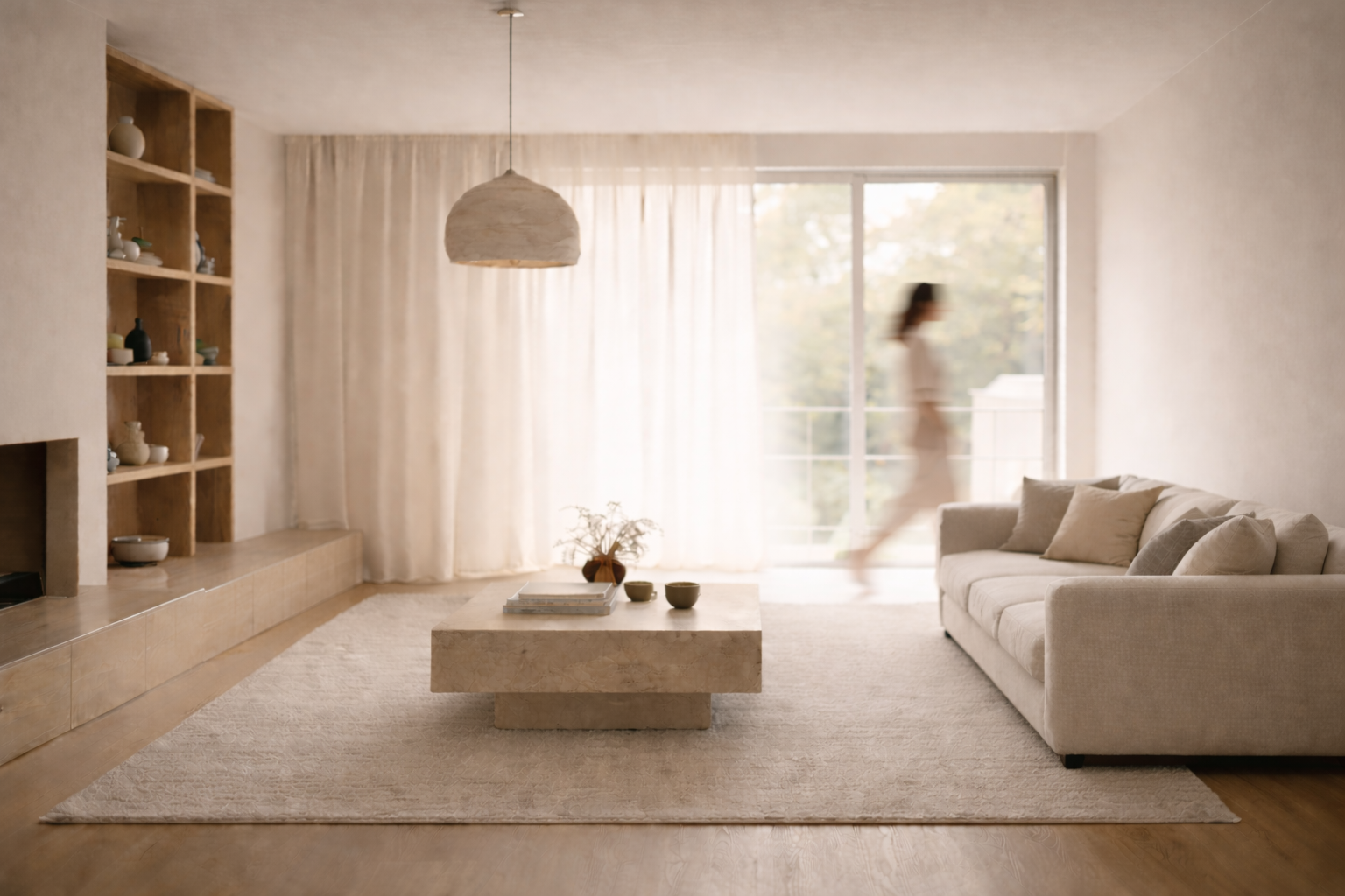 Refined bespoke interior with layered neutral tones and a subtle moving silhouette.