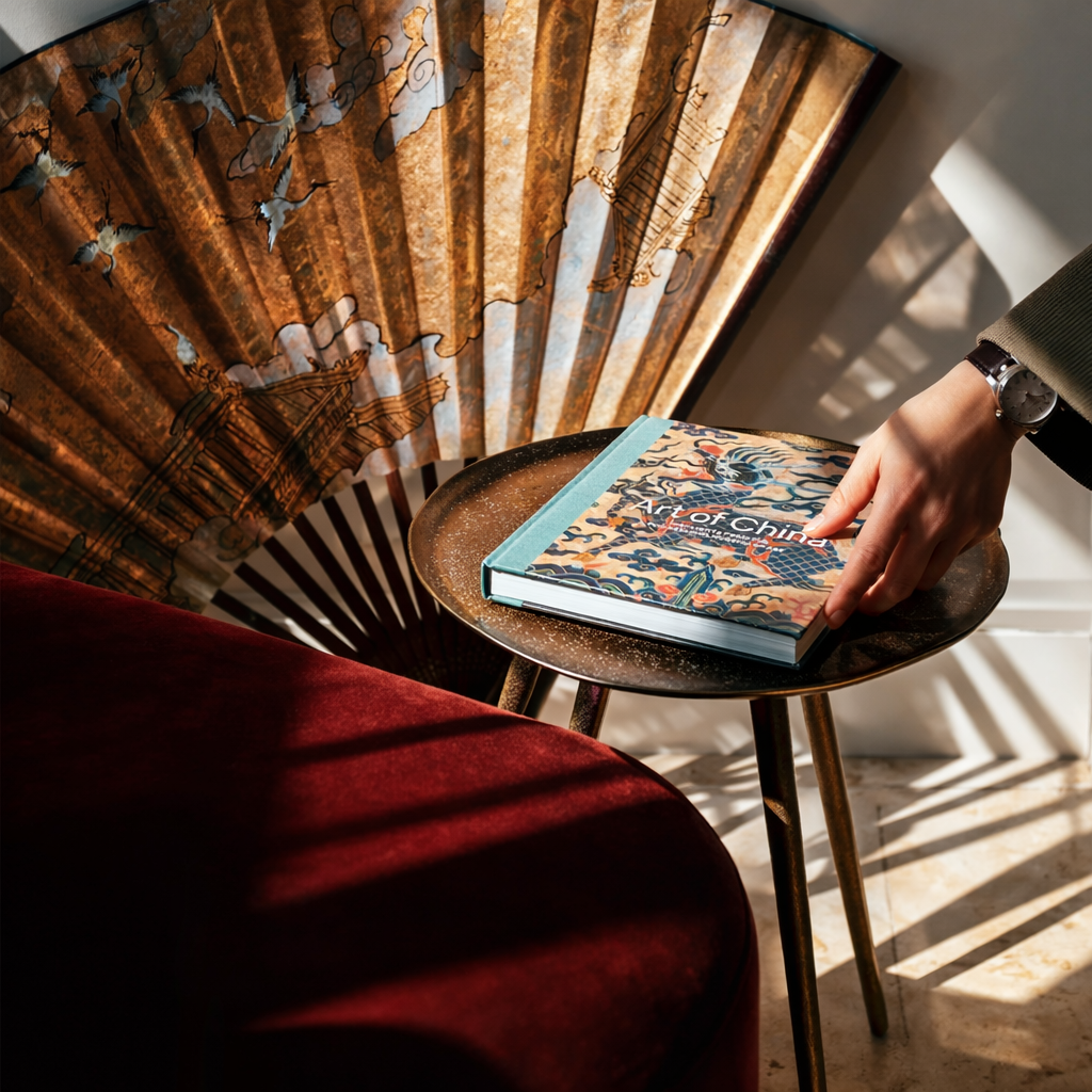 Bespoke interior styling vignette featuring curated art book, vintage fan and brass side table in warm natural light