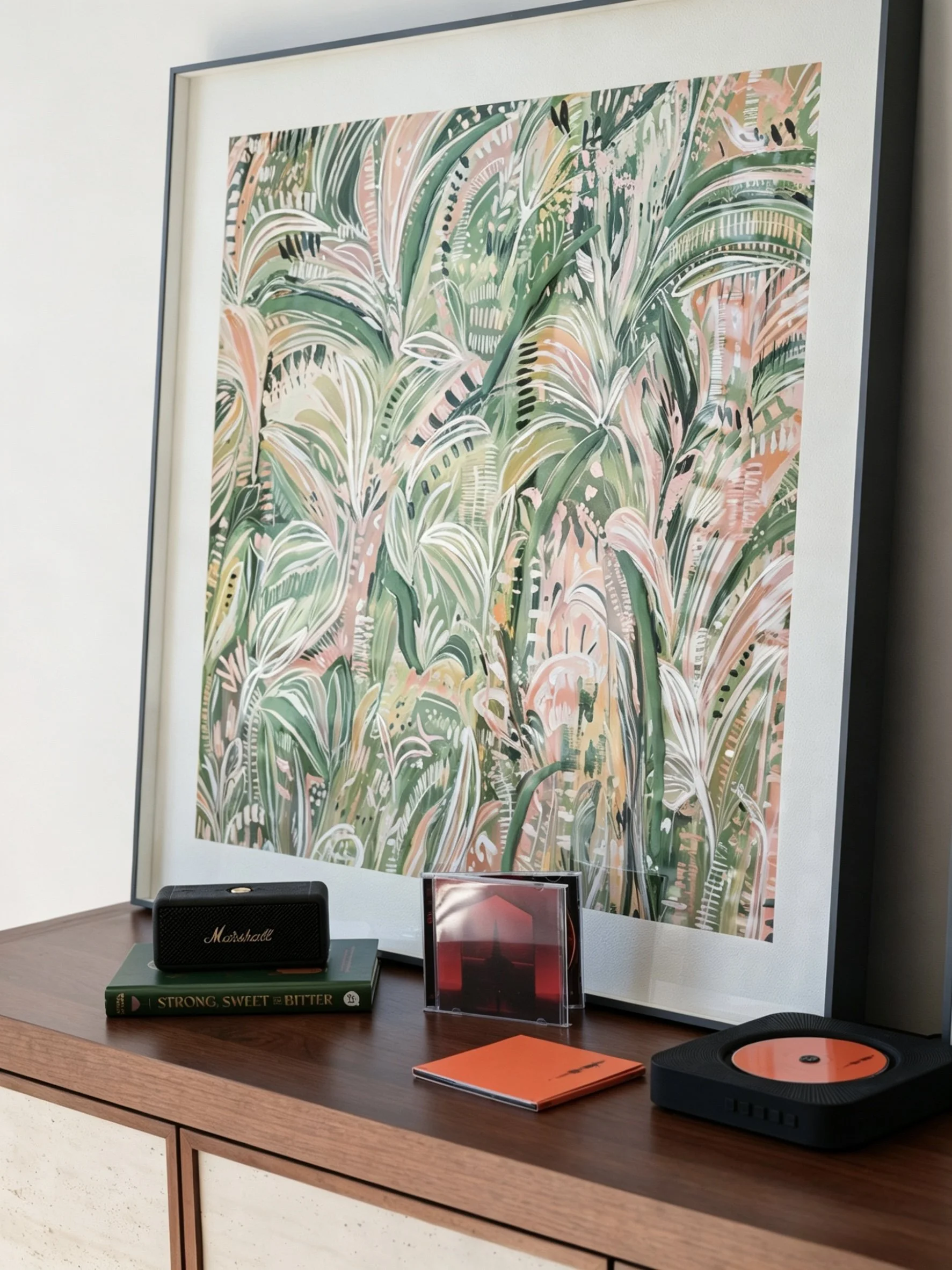 Still Morning styled apartment sideboard with artwork and decorative objects — Soft Natural Styling Collection Sydney — SYP Homes