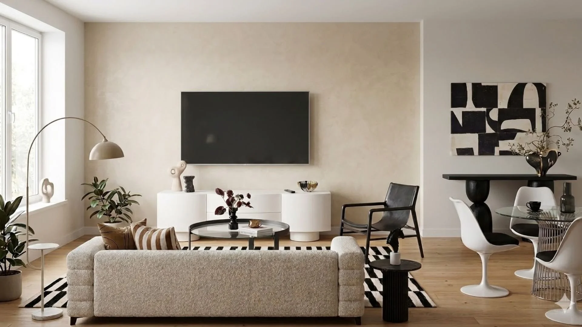 A contemporary apartment living room defined by bold contrast and clean architectural lines — interior styling, Sydney and beyond, SYP Homes