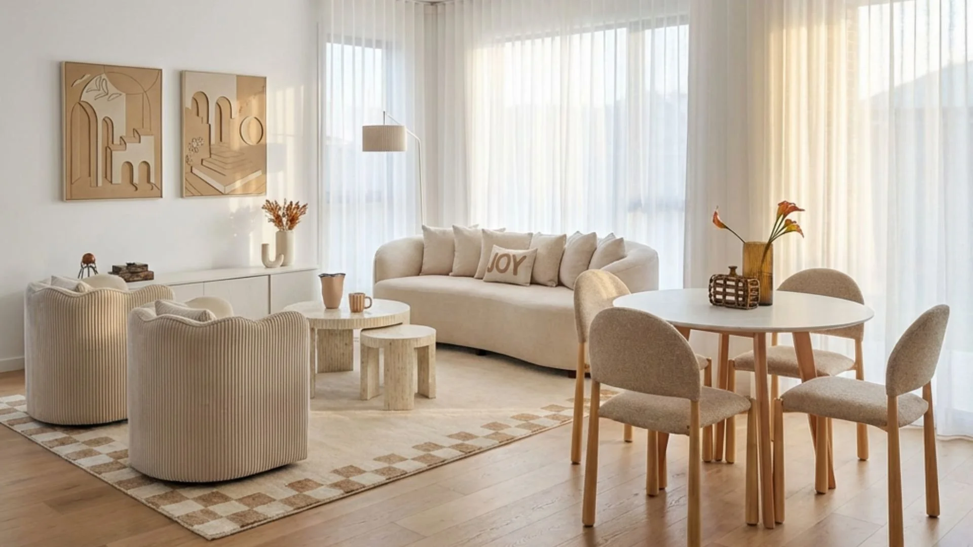 A calm, light-filled apartment living room styled in soft neutrals and natural textures — interior styling, Sydney and beyond, SYP Homes