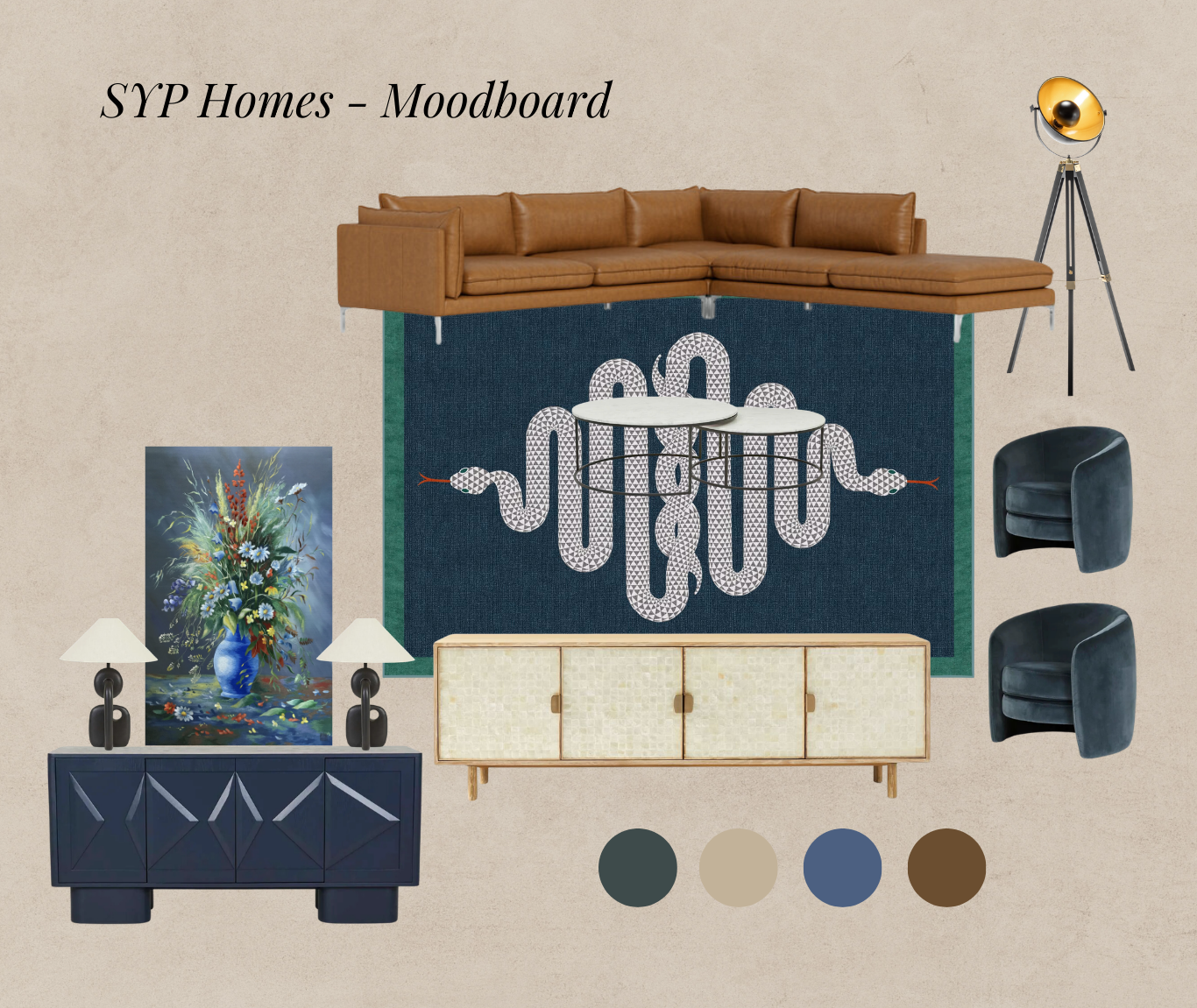 Interior styling moodboard featuring curated furniture, lighting, materials and colour palette — Curated Selection and Direction stage, Bespoke Interior Styling Sydney — SYP Homes