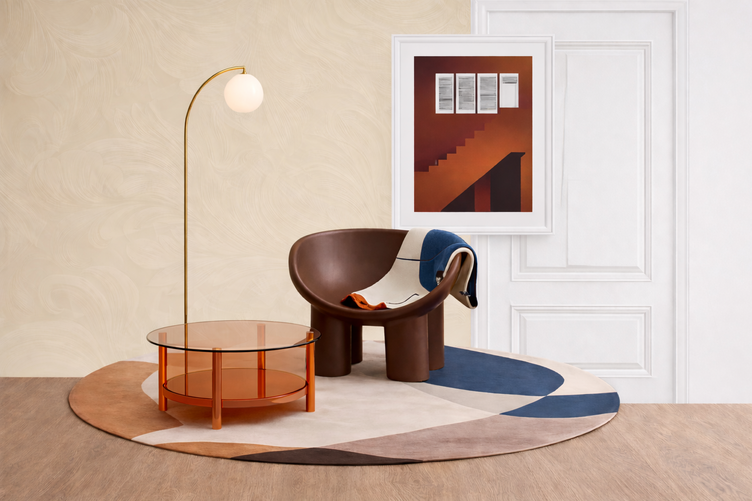 Modern interior styling corner with orange acrylic coffee table, sculptural armchair and floor lamp in Sydney home consultation project