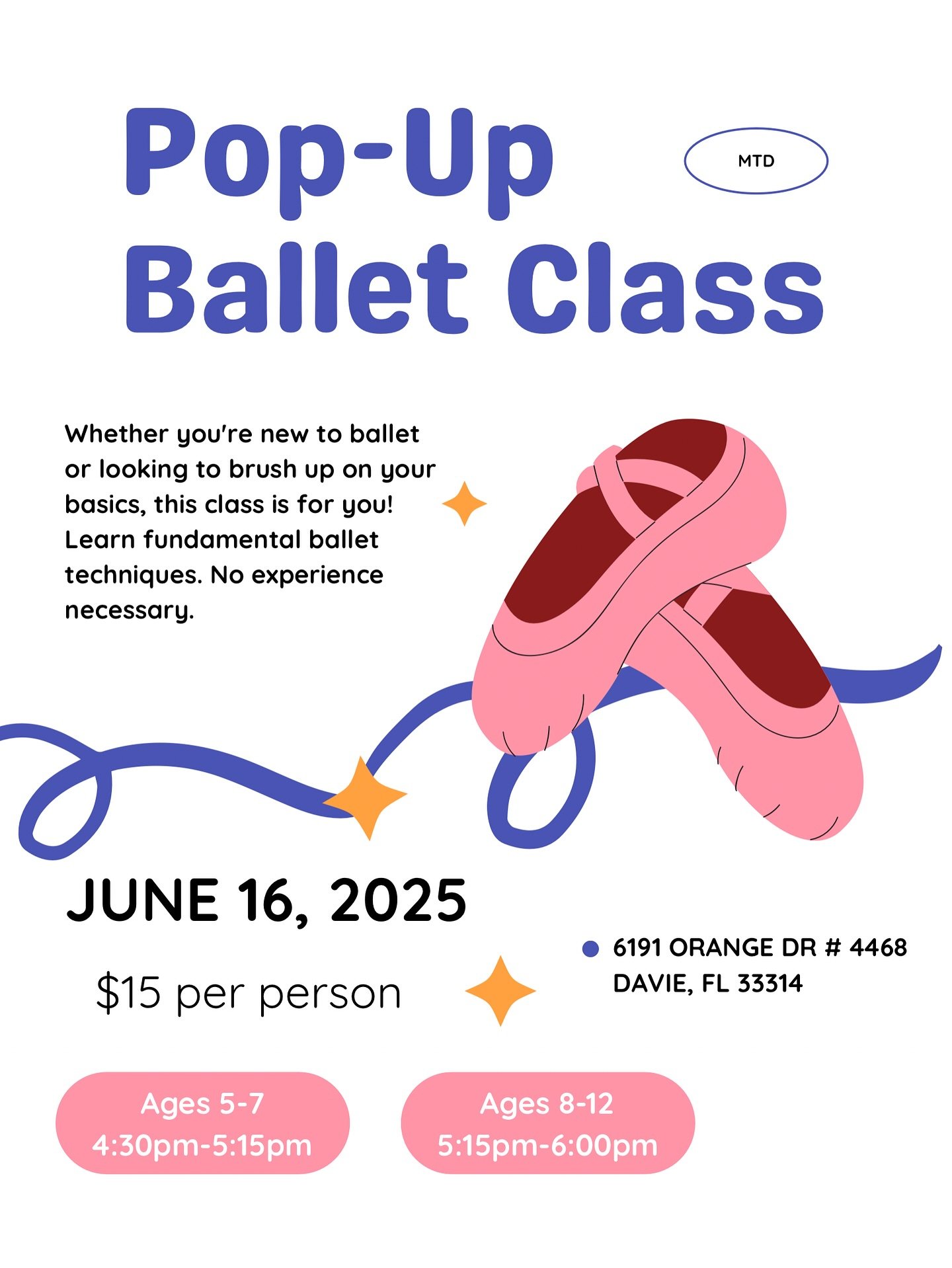 🩰POP UP BALLET CLASS🩰

You don&rsquo;t want your princess or prince missing this pop up. We are excited for this 🥳🥳🥳🥳

Monday, June 16, 2025 $15pp

🩰 Ages 5-7 @4:30pm

🩰 Ages 8-12 @5:15pm

🩰 Attire: leotard or shirt, tights and ballet shoes.