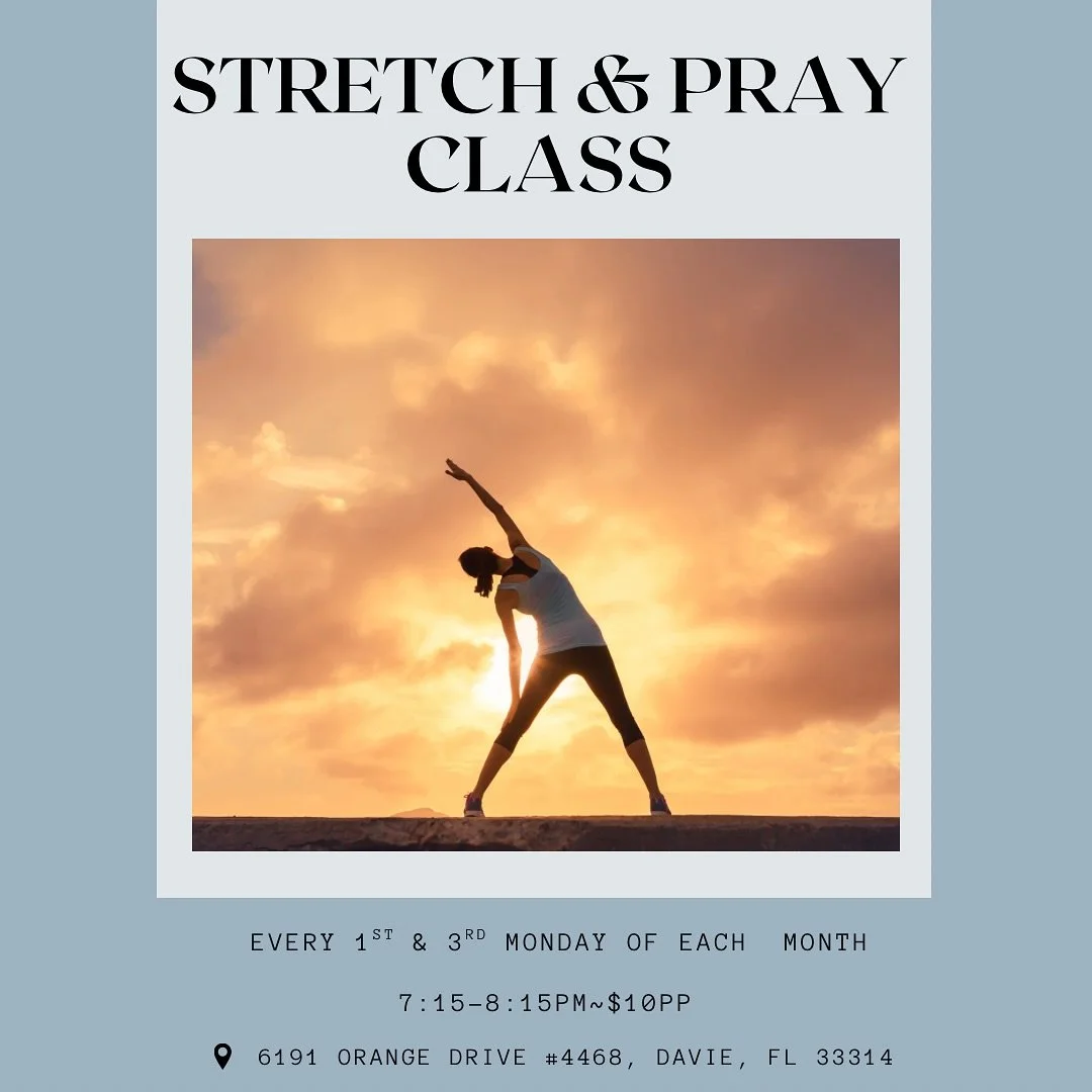 Stretch &amp; Pray 

This class consists of praying over our bodies and speaking life into it. 
Challenging our physical body in mobility &amp; flexibility as we expand our commune with the Holy Spirit.

🙏🏼 Every 1 &amp; 3 Monday 

🙏🏼 7:15p-8:15p