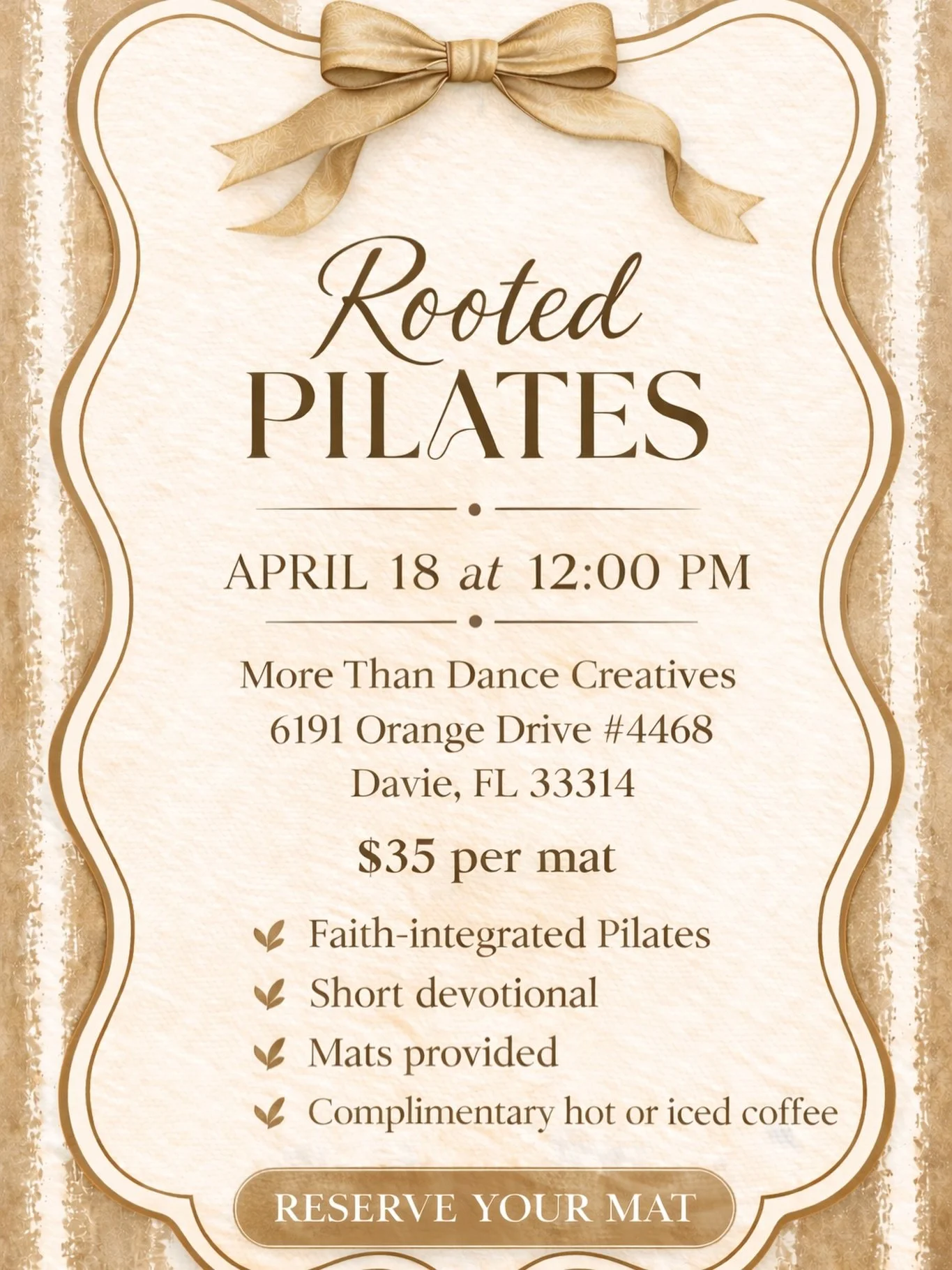 ✨ Pop Up Rooted Pilates ✨

Our first class was so special that we&rsquo;re doing it again. 

A moment to slow down, move your body, and reconnect with God.

Join us for our second Rooted Pilates gathering, a faith-integrated Pilates experience design