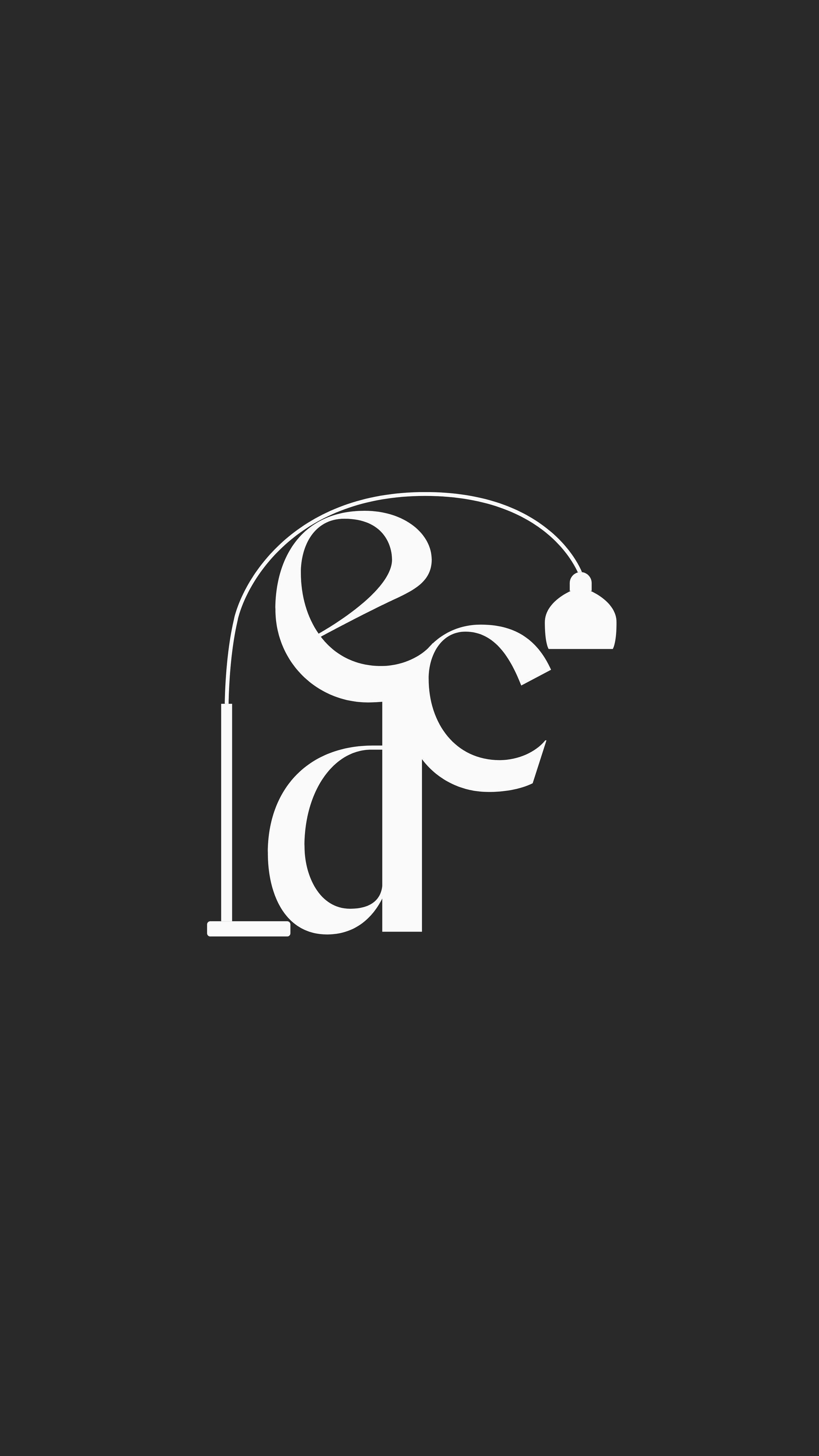 Stylized white letter 'd' with a lamp attached to the top in a minimalist design on a dark background.