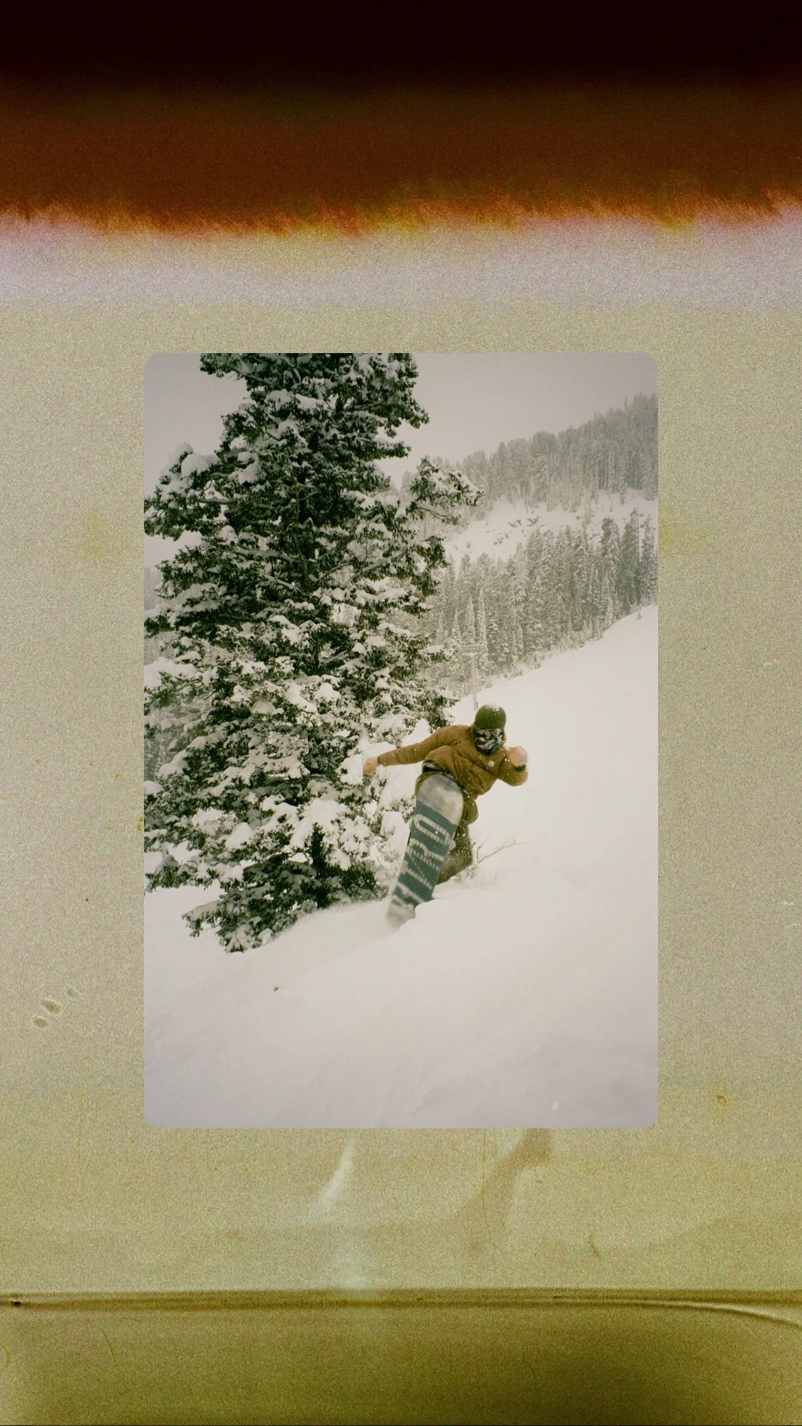 A person snowboarding down a snowy slope in a winter forest with evergreen trees, wearing a helmet and winter gear.