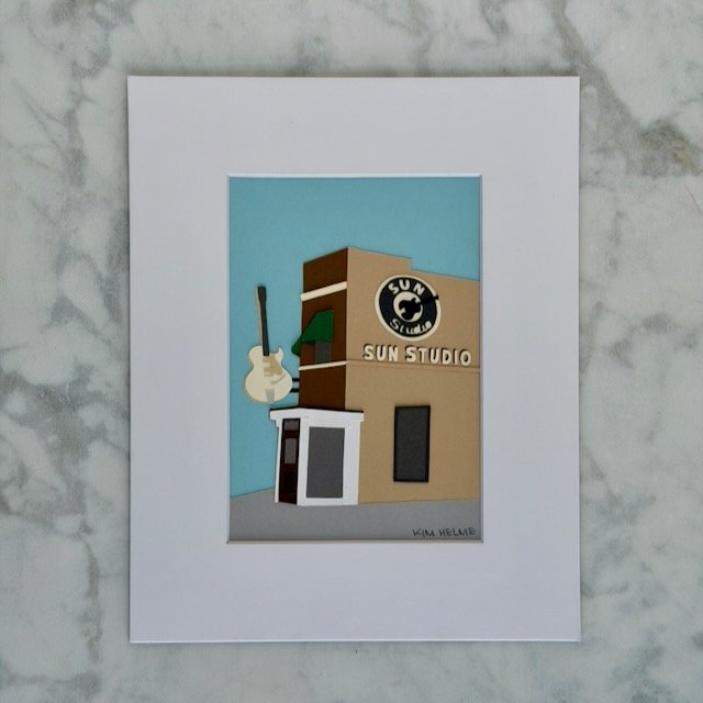 Sun Studio original layered paper illustration in a white mat, tan Memphis building with a cream guitar and green awning