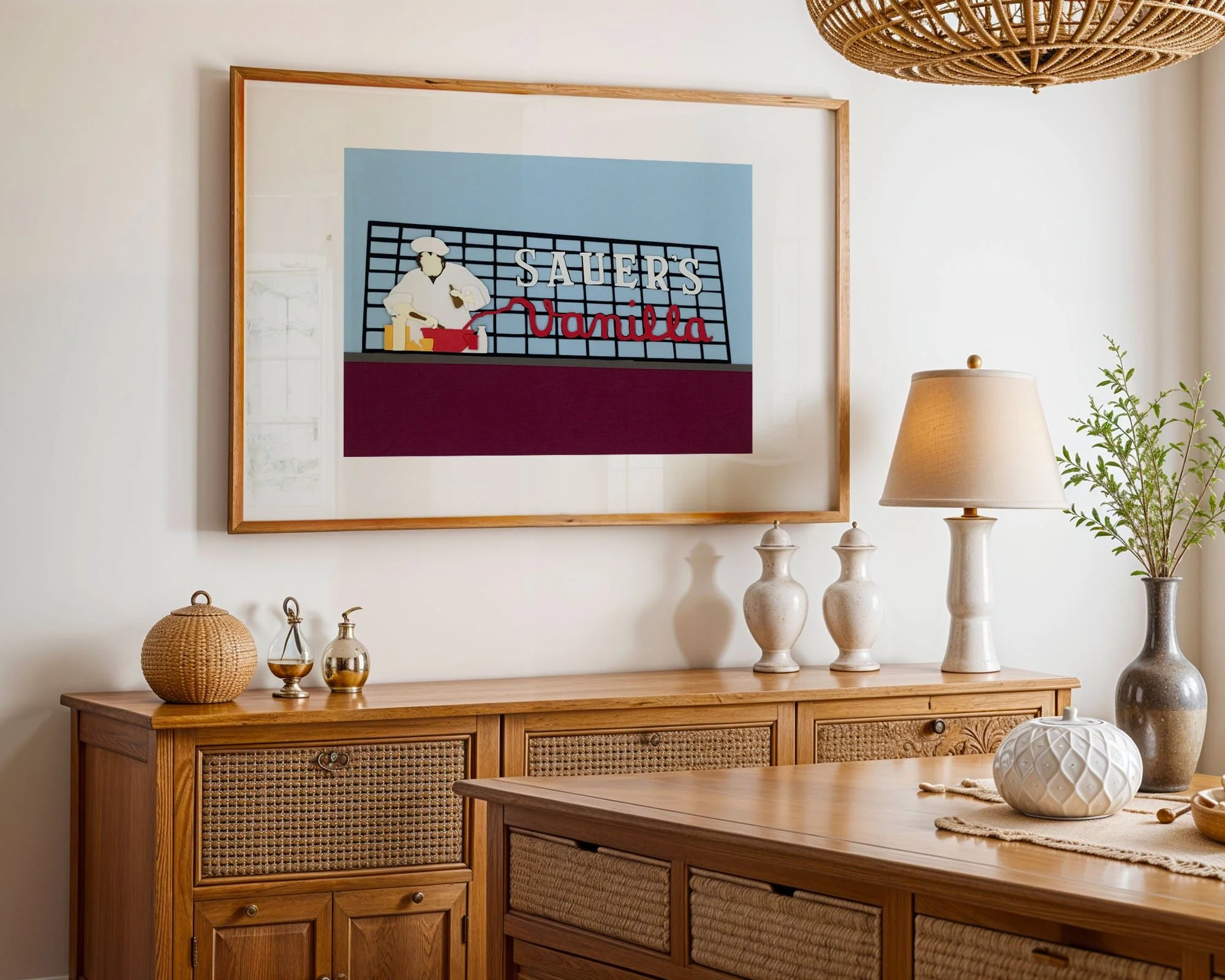 Framed art print of the C.F. Sauer's sign in a dining room