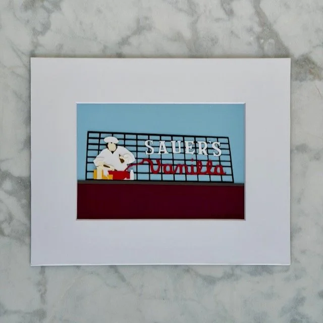 C.F. Sauer's Sign original layered paper illustration in a white mat, the historic Richmond vanilla sign with its little chef