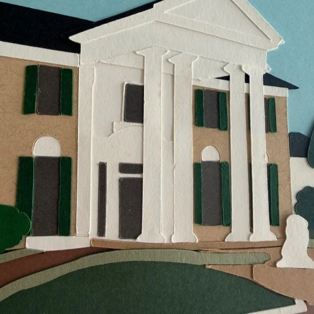 Macro of textured cardstock forming the stone facade of Graceland in a layered paper illustration